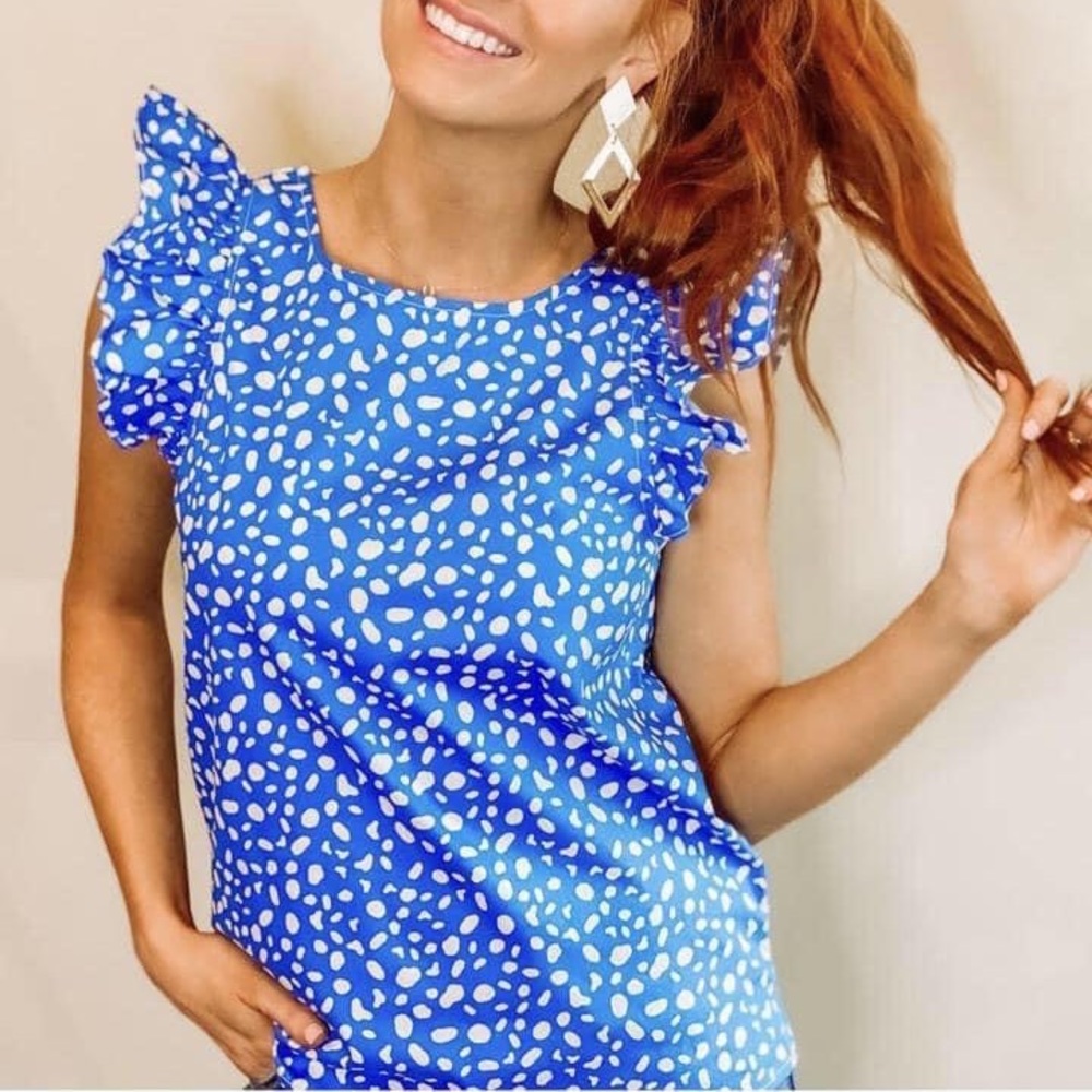 Michelle McDowell: Blue Ruffle Sleeve Top with White Speckles
